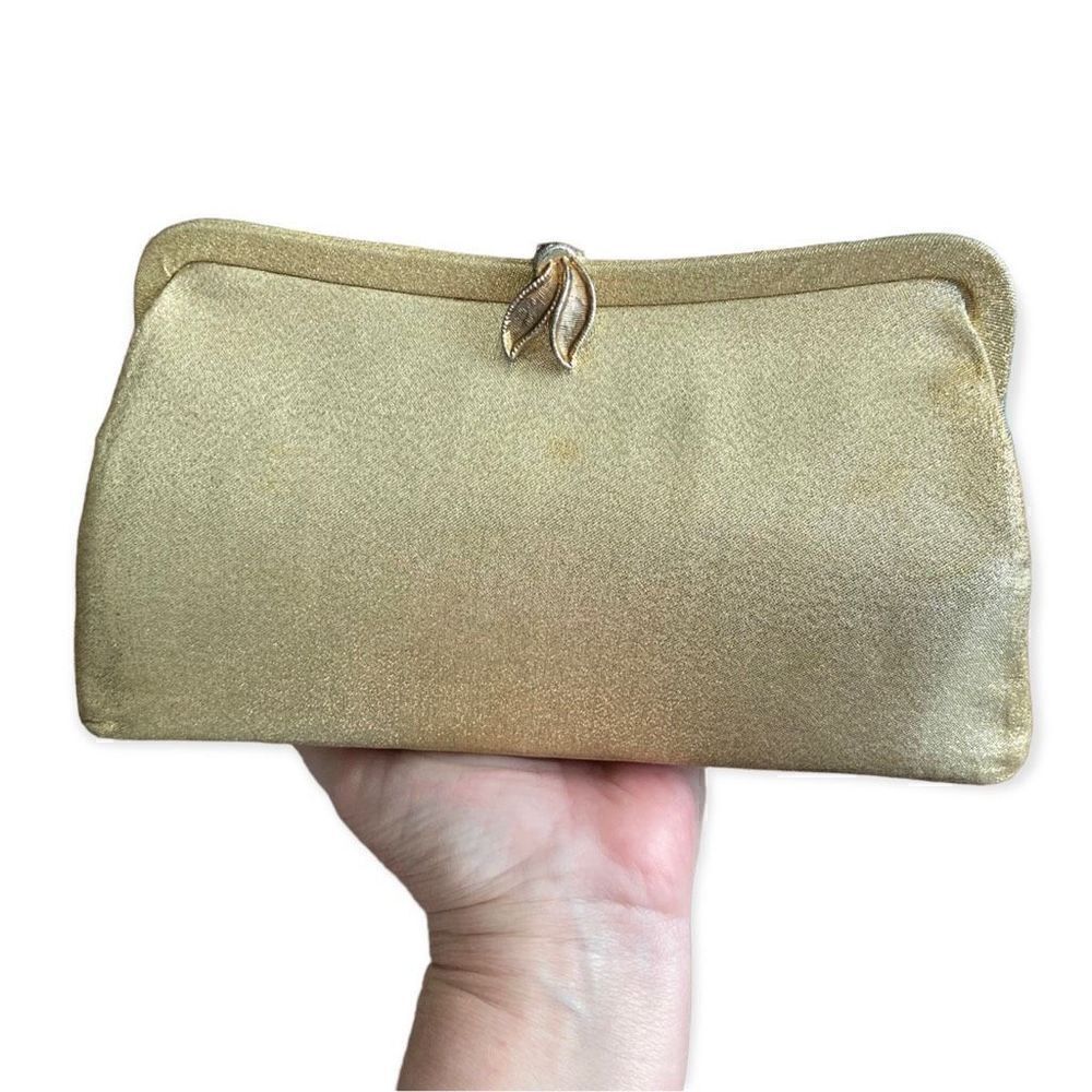 Vintage Gold Metallic Hinged Leaf Clutch Purse